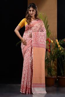 White Silk Cotton Handwoven Jamdani Saree With Woven Patterns And Zari Pallu Without Blouse