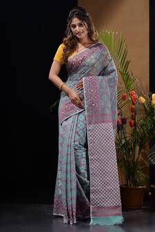Sea Green Silk Cotton Handwoven Jamdani Saree With Woven Patterns And Zari Pallu Without Blouse