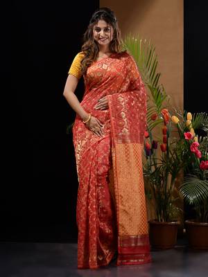 Red Silk Cotton Handwoven Jamdani Saree With Woven Patterns And Zari Pallu Without Blouse 1