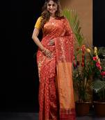 Red Silk Cotton Handwoven Jamdani Saree With Woven Patterns And Zari Pallu Without Blouse