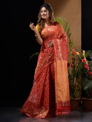 Red Silk Cotton Handwoven Jamdani Saree With Woven Patterns And Zari Pallu Without Blouse 2