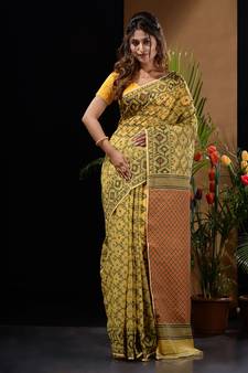 Yellow Silk Cotton Handwoven Jamdani Saree With Woven Patterns And Zari Pallu Without Blouse