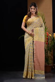 Light Grey Silk Cotton Handwoven Jamdani Saree With Woven Patterns And Zari Pallu Without Blouse