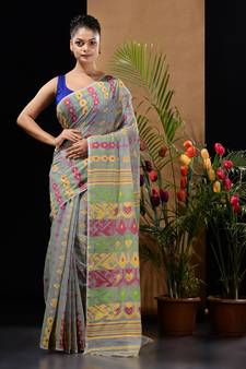 Grey Silk Cotton Handwoven Jamdani Saree With Ethnic And Floral Designs Without Blouse