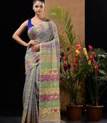 Grey Silk Cotton Handwoven Jamdani Saree With Ethnic And Floral Designs Without Blouse