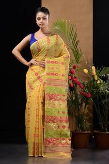 Yellow Silk Cotton Handwoven Jamdani Saree With Ethnic And Floral Designs Without Blouse