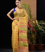Yellow Silk Cotton Handwoven Jamdani Saree With Ethnic And Floral Designs Without Blouse