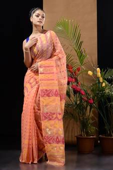 Peach Silk Cotton Handwoven Jamdani Saree With Ethnic And Floral Designs Without Blouse
