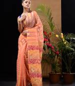 Peach Silk Cotton Handwoven Jamdani Saree With Ethnic And Floral Designs Without Blouse