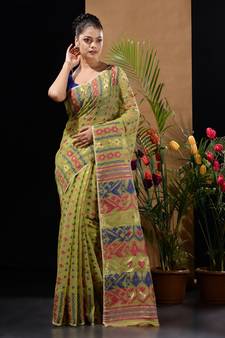 Pistachio Green Silk Cotton Handwoven Jamdani Saree With Ethnic And Floral Designs Without Blouse
