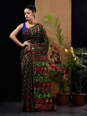Black Silk Cotton Handwoven Jamdani Saree With Ethnic And Floral Designs Without Blouse 1