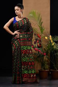 Black Silk Cotton Handwoven Jamdani Saree With Ethnic And Floral Designs Without Blouse