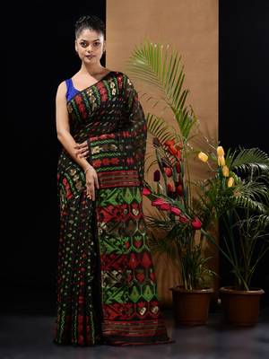 Black Silk Cotton Handwoven Jamdani Saree With Ethnic And Floral Designs Without Blouse 2