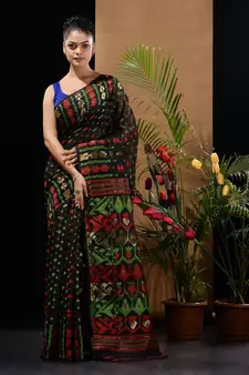 Black Silk Cotton Handwoven Jamdani Saree With Ethnic And Floral Designs Without Blouse