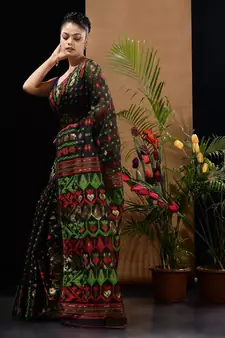 Black Silk Cotton Handwoven Jamdani Saree With Ethnic And Floral Designs Without Blouse
