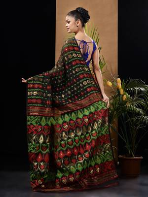 Black Silk Cotton Handwoven Jamdani Saree With Ethnic And Floral Designs Without Blouse 4