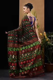 Black Silk Cotton Handwoven Jamdani Saree With Ethnic And Floral Designs Without Blouse
