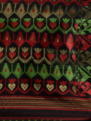 Black Silk Cotton Handwoven Jamdani Saree With Ethnic And Floral Designs Without Blouse 5