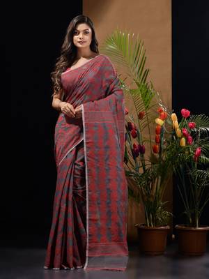 Grey And Red Silk Cotton Handwoven Jamdani Saree With Floral And Paisley Designs Without Blouse 1