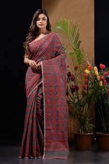 Grey And Red Silk Cotton Handwoven Jamdani Saree With Floral And Paisley Designs Without Blouse
