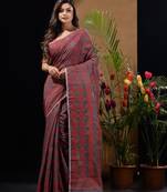Grey And Red Silk Cotton Handwoven Jamdani Saree With Floral And Paisley Designs Without Blouse