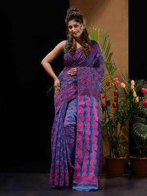 Sapphire Blue And Pink Silk Cotton Handwoven Jamdani Saree With Floral And Paisley Designs Without Blouse 1
