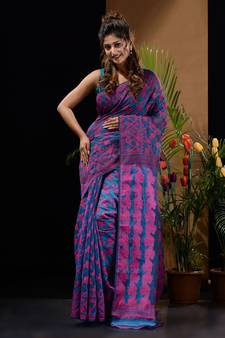 Sapphire Blue And Pink Silk Cotton Handwoven Jamdani Saree With Floral And Paisley Designs Without Blouse