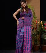 Sapphire Blue And Pink Silk Cotton Handwoven Jamdani Saree With Floral And Paisley Designs Without Blouse