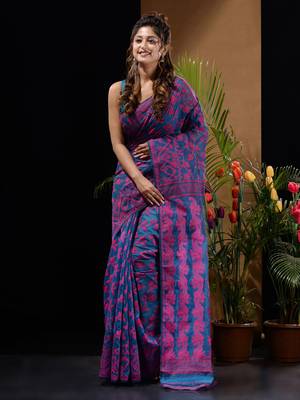 Sapphire Blue And Pink Silk Cotton Handwoven Jamdani Saree With Floral And Paisley Designs Without Blouse 2