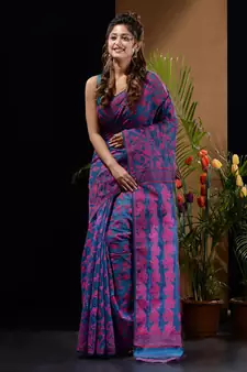 Sapphire Blue And Pink Silk Cotton Handwoven Jamdani Saree With Floral And Paisley Designs Without Blouse