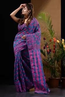 Sapphire Blue And Pink Silk Cotton Handwoven Jamdani Saree With Floral And Paisley Designs Without Blouse