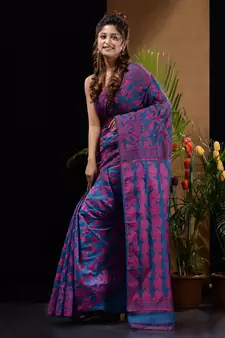 Sapphire Blue And Pink Silk Cotton Handwoven Jamdani Saree With Floral And Paisley Designs Without Blouse