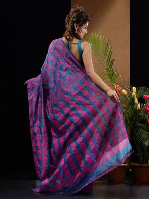 Sapphire Blue And Pink Silk Cotton Handwoven Jamdani Saree With Floral And Paisley Designs Without Blouse 5
