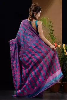 Sapphire Blue And Pink Silk Cotton Handwoven Jamdani Saree With Floral And Paisley Designs Without Blouse