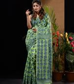 Light Green And Blue Silk Cotton Handwoven Jamdani Saree With Floral And Paisley Designs Without Blouse