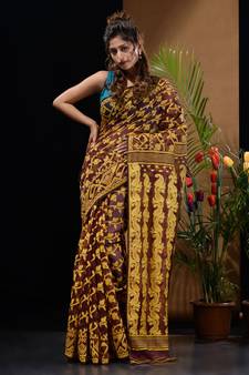 Dark Brown And Yellow Silk Cotton Handwoven Jamdani Saree With Floral And Paisley Designs Without Blouse