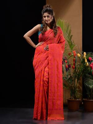 Orange And Pink Silk Cotton Handwoven Jamdani Saree With Floral And Paisley Designs Without Blouse 1