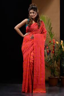 Orange And Pink Silk Cotton Handwoven Jamdani Saree With Floral And Paisley Designs Without Blouse