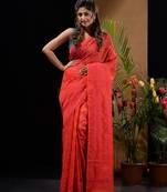 Orange And Pink Silk Cotton Handwoven Jamdani Saree With Floral And Paisley Designs Without Blouse