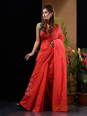 Orange And Pink Silk Cotton Handwoven Jamdani Saree With Floral And Paisley Designs Without Blouse 2