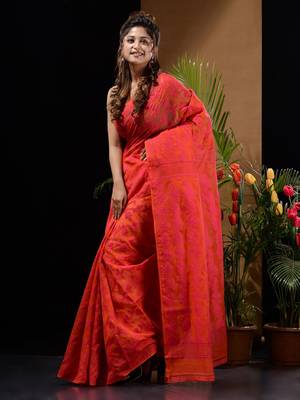 Orange And Pink Silk Cotton Handwoven Jamdani Saree With Floral And Paisley Designs Without Blouse 3