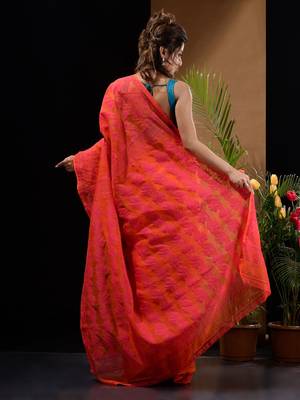 Orange And Pink Silk Cotton Handwoven Jamdani Saree With Floral And Paisley Designs Without Blouse 4