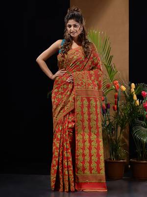 Red And Green Silk Cotton Handwoven Jamdani Saree With Floral And Paisley Designs Without Blouse 1