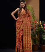 Red And Green Silk Cotton Handwoven Jamdani Saree With Floral And Paisley Designs Without Blouse