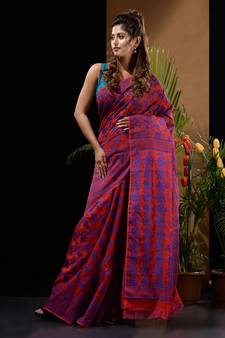 Red And Blue Silk Cotton Handwoven Jamdani Saree With Floral And Paisley Designs Without Blouse