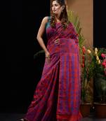 Red And Blue Silk Cotton Handwoven Jamdani Saree With Floral And Paisley Designs Without Blouse