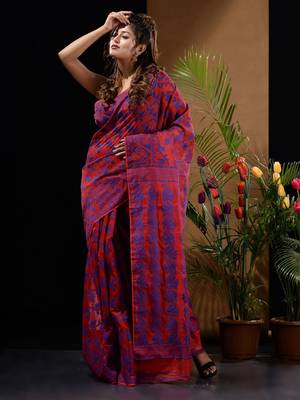 Red And Blue Silk Cotton Handwoven Jamdani Saree With Floral And Paisley Designs Without Blouse 2