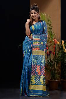 Sapphire Blue Silk Cotton Handwoven Jamdani Saree With Multicolour Floral Designs And Motifs Without Blouse