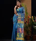 Sapphire Blue Silk Cotton Handwoven Jamdani Saree With Multicolour Floral Designs And Motifs Without Blouse