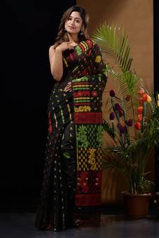 Black Silk Cotton Handwoven Jamdani Saree With Multicolour Floral Designs And Motifs Without Blouse